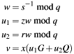 \begin{align*} w &= s^{-1} \bmod q \\ u_1 &= z w \bmod q \\ u_2 &= r w \bmod q \\ v &= x(u_1 G + u_2 Q) \end{align*}